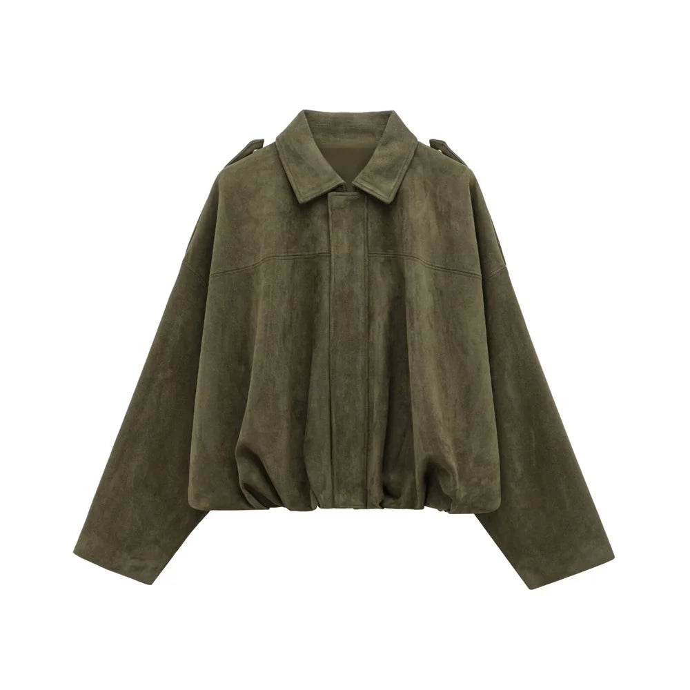 2025 Women Faux Suede Collared Jacket with Shoulder Straps Loose Fit Stylish Olive Green for Sale on