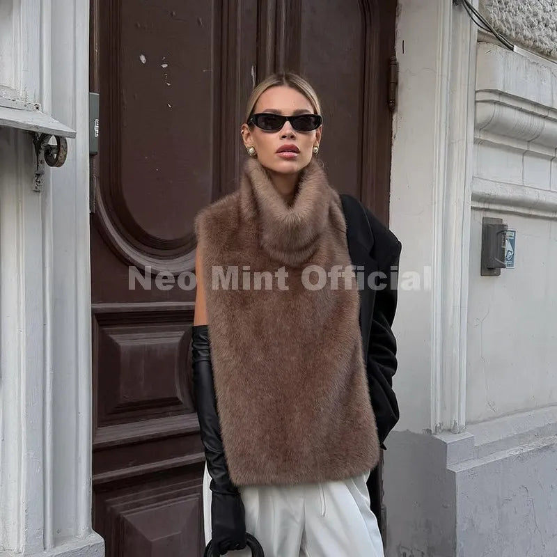 Neo Mint 2025 Brand Fashion Faux Fur Sable Vest Crop Top Autumn Winter Turtleneck Eco Mink Fur Tank Tops Sleeveless Jacket Coat