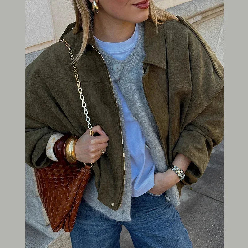 Vintage Women Green Oversize Bomber Jackets 2025 Fashion Ladies Elegant Loose Soft Outfits Jacket for Party Female Chic Clothes